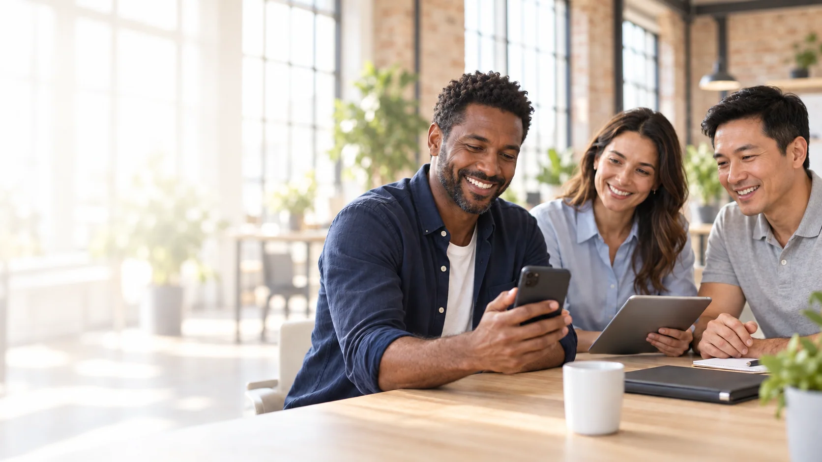 A business owner smiling at his phone with two colleagues in a bright industrial loft